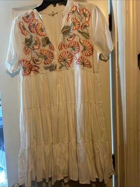 entro Cream Tiered Midi Dress with Orange & Green Floral Embroidery